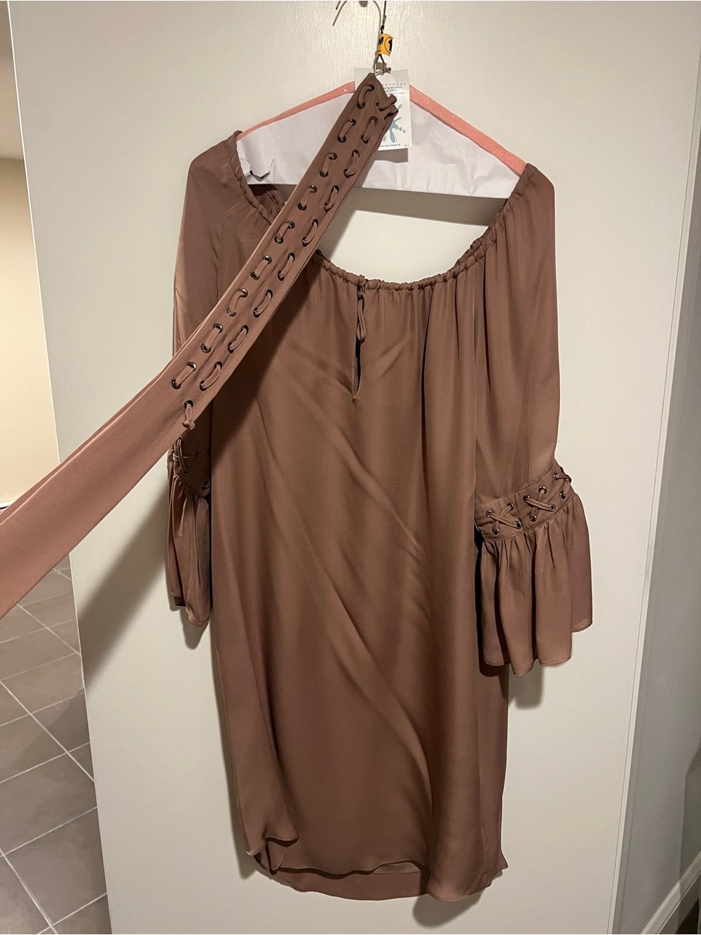 Haute Hippie Brown Satin Long-Sleeve Midi Dress